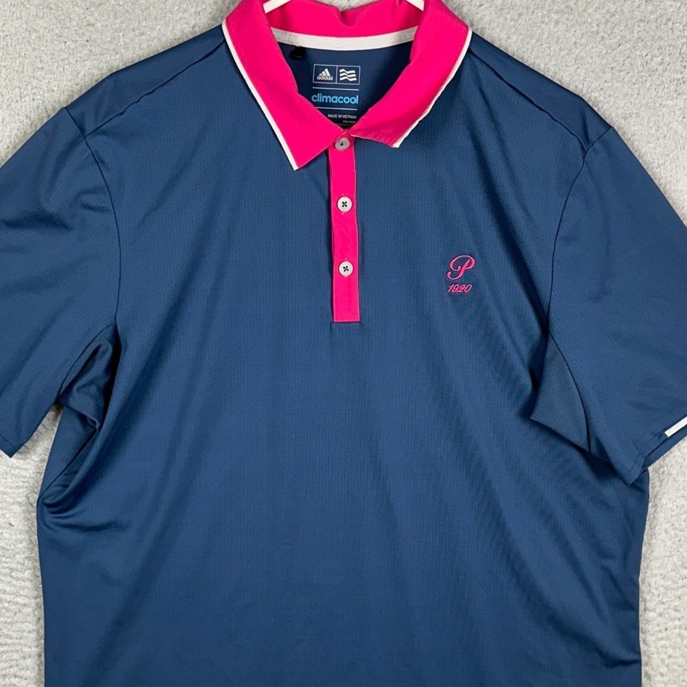 Adidas‎ Polo Shirt Mens Large Navy Pink Golf Climacool Rugby Performance Stretch